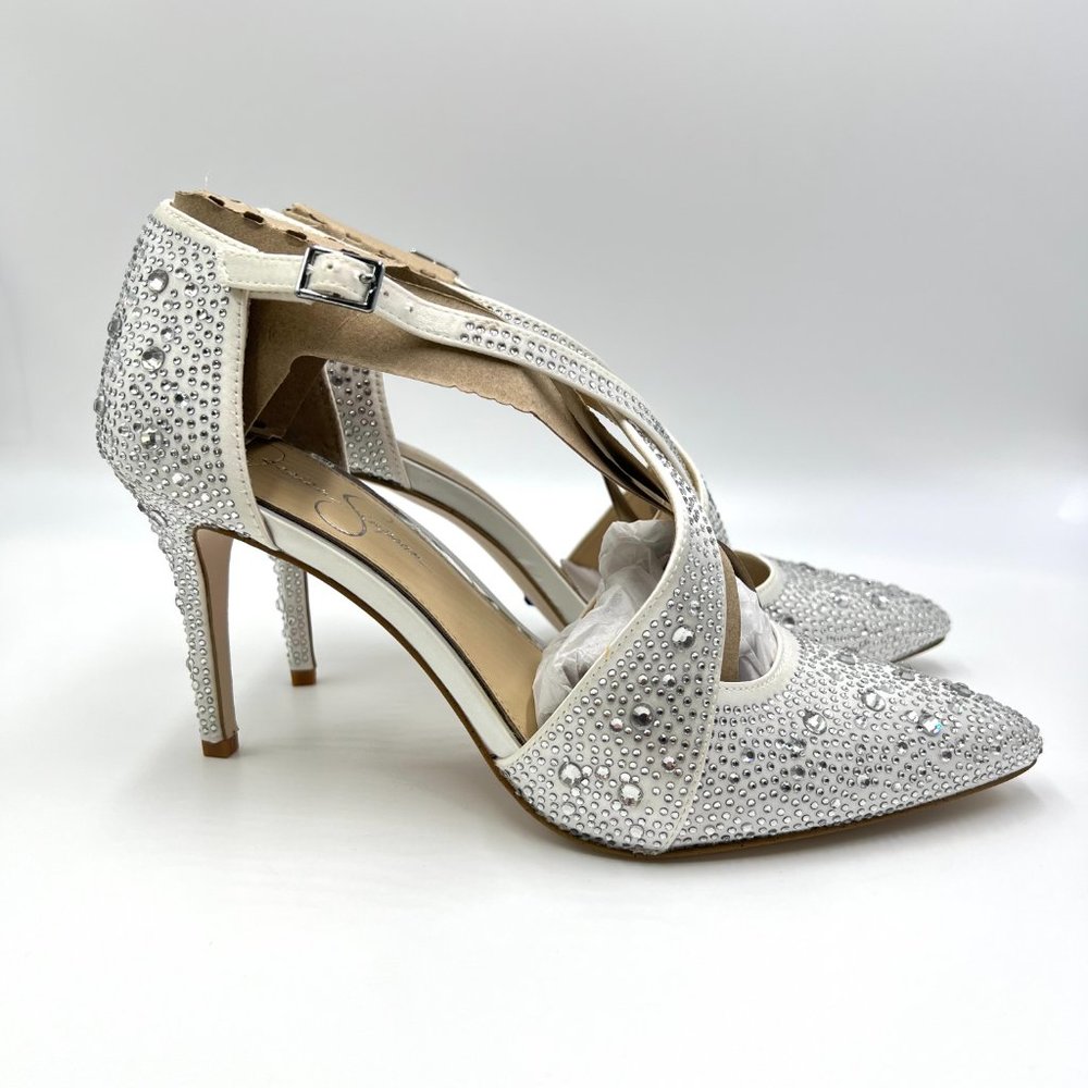 Jessica Simpson Size 9 White Satin Stiletto Point‎ Toe D'Orsay Heels Pumps Shoes